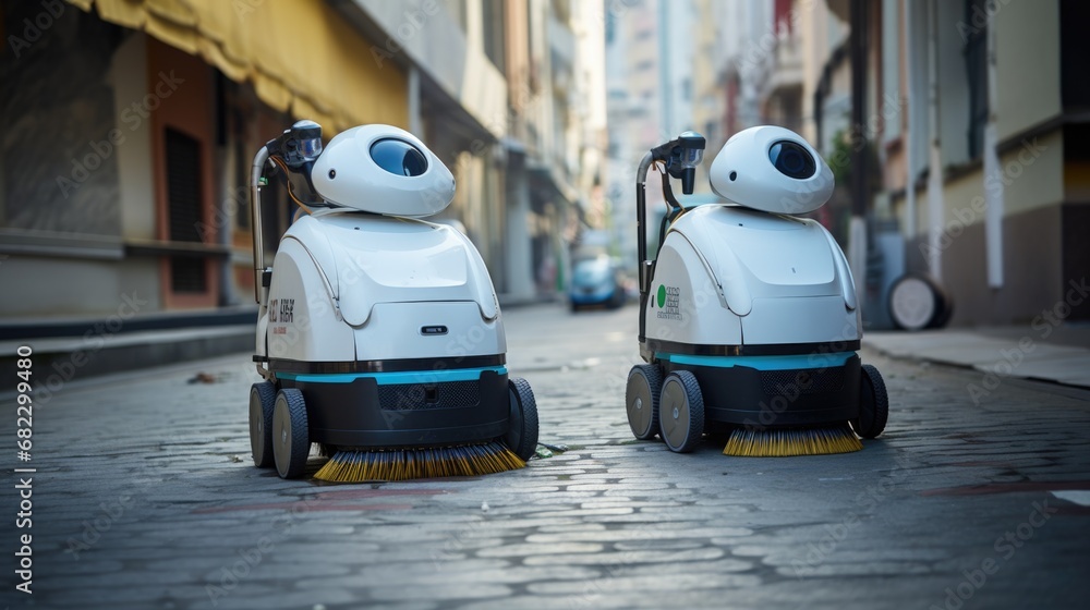 Obraz premium Futuristic robot cleaner on a city street, vacuum and mop the floor
