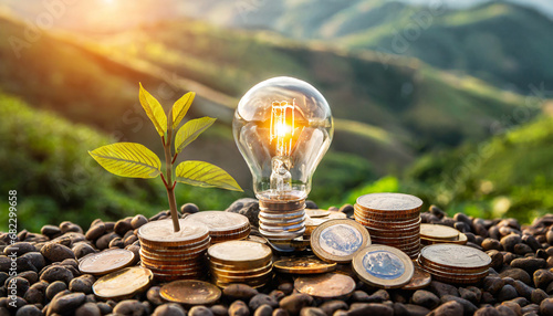 light bulb on pile of coins concept renewable energy energy crisis clean energy green business that adds value to business for the environment