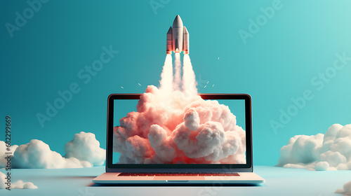 rocket flying on clean pastel blue  photo