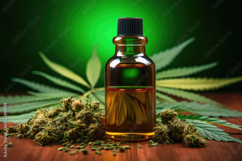 image of cannabis oil in a gradient color bottle with hemp seeds scattered around image of cannabis oil in a gradient color bottle with hemp seeds scattered around
