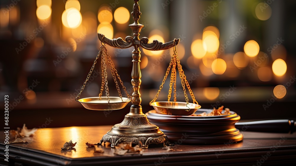 Law theme. Mallet of judge, books, scales of justice - obrazy, fototapety, plakaty 