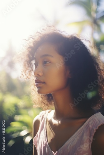 Ethereal portrait of a young woman with soft sunlight filtering through the trees, creating a dreamlike mood