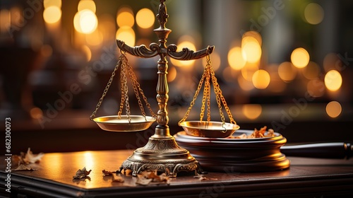 Law theme. Mallet of judge, books, scales of justice