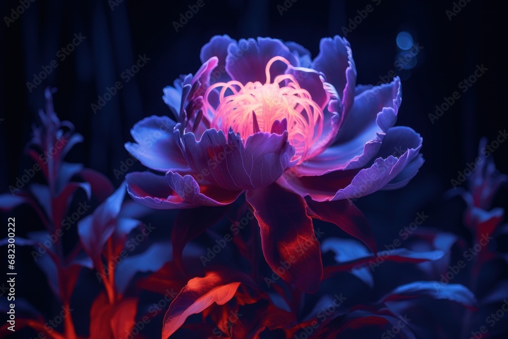 a close up of a purple flower with a red stamen in the middle of the center of the flower, with a dark background of green leaves and red stems. a close up of a purple flower with a red stamen in the middle of the center of the flower, with a dark background of green leaves and red stems.
