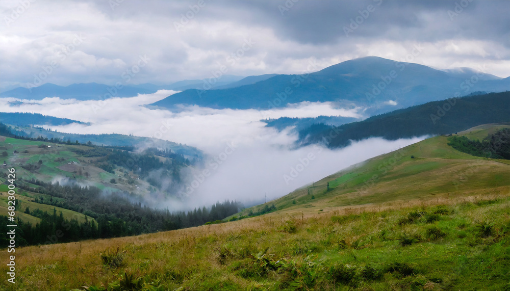 impressivee nature landscape amazing countryside landscape with valley in fog behind the grassy hills picture of wild area awesome nature background carpathian mountains ukraine