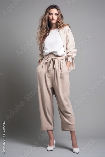 beautiful model woman in fashion beige wear