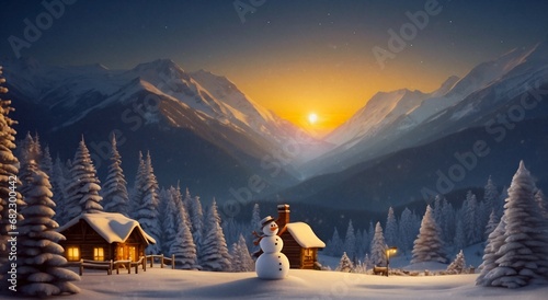 illustration of a winter mountains and sunset with a greeting snowman. Trees and log house in the background. Digital painting illustration. Christams wallpaper. Generative AI