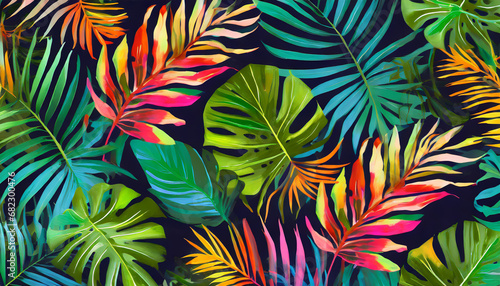 tropical leaves in a bright coloured pattern on a dark background