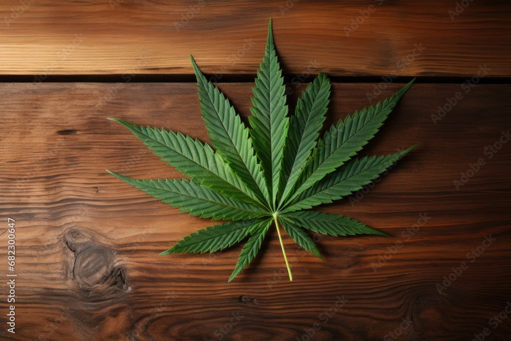 top view of a cannabis leaf on a wooden table top view of a cannabis leaf on a wooden table
