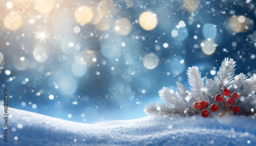 winter background with snow and blurred bokeh merry christmas and happy new year greeting card with copy space
