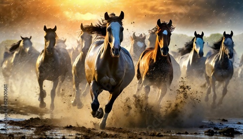 泥の中を走るたくさんの馬