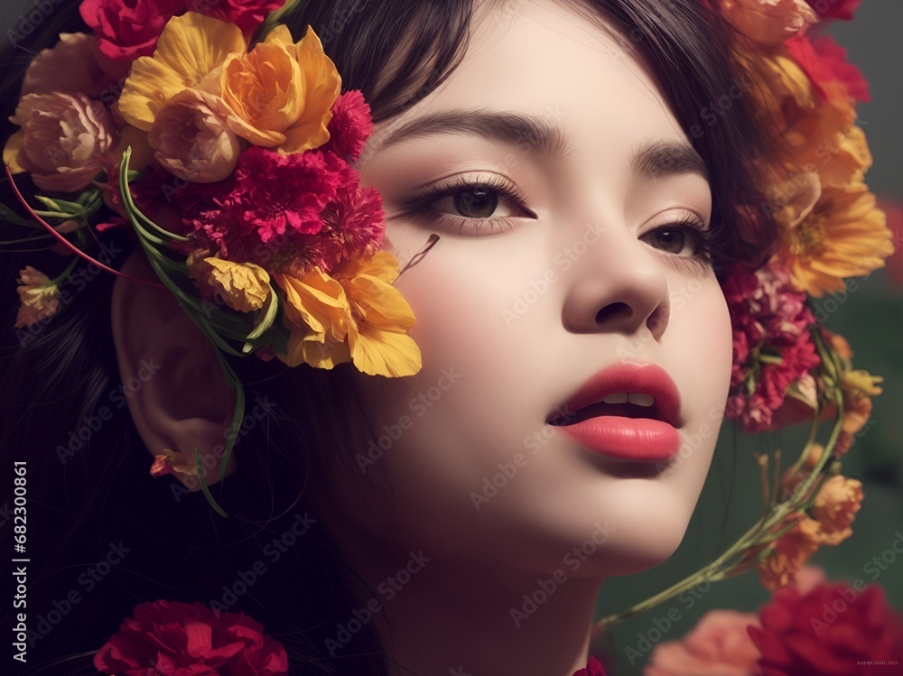 A stunning woman adorned with flowers in her hair, radiating beauty and grace. A stunning woman adorned with flowers in her hair, radiating beauty and grace.