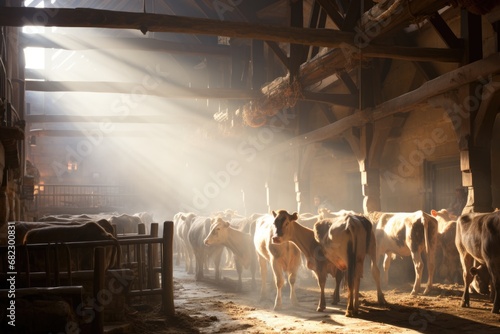 Cows and bulls on a farm with beautiful sunshine light photo