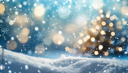 background with snow and blurred bokeh merry christmas and happy new year greeting card with copy space
