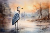  a painting of a blue heron standing in a marshy area with trees in the background and water in the foreground, with the sun setting in the distance.