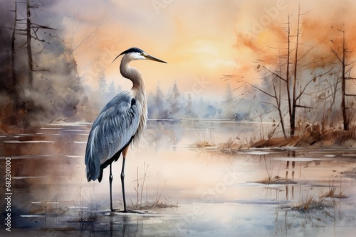  a painting of a blue heron standing in a marshy area with trees in the background and water in the foreground, with the sun setting in the distance. photo
