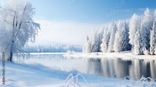 A picturesque winter landscape with snow-covered trees and a frozen lake