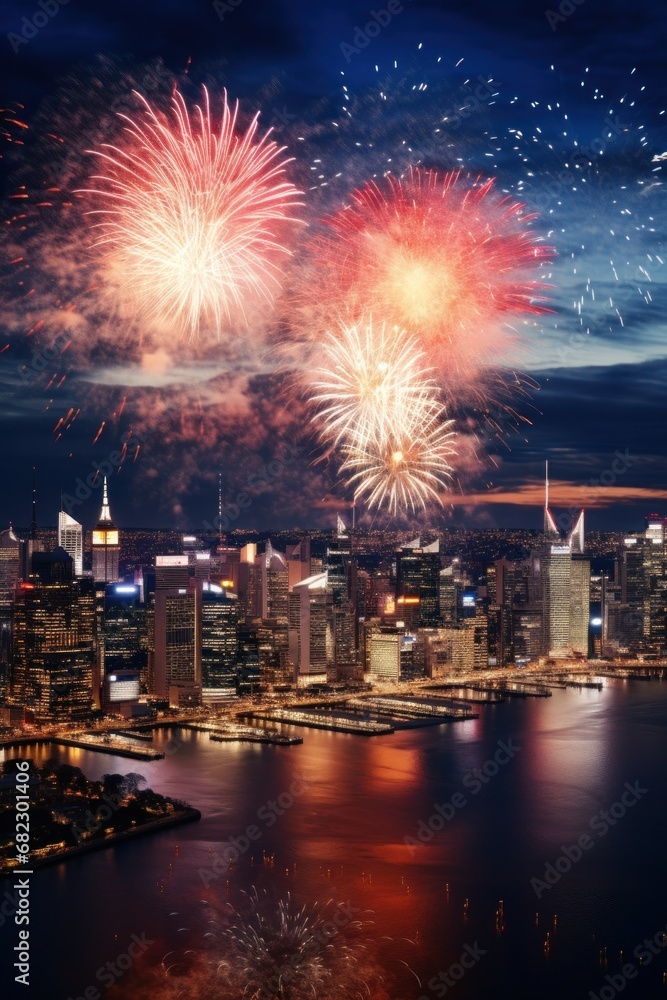 A stunning fireworks display lighting up the night sky above a city skyline A stunning fireworks display lighting up the night sky above a city skyline