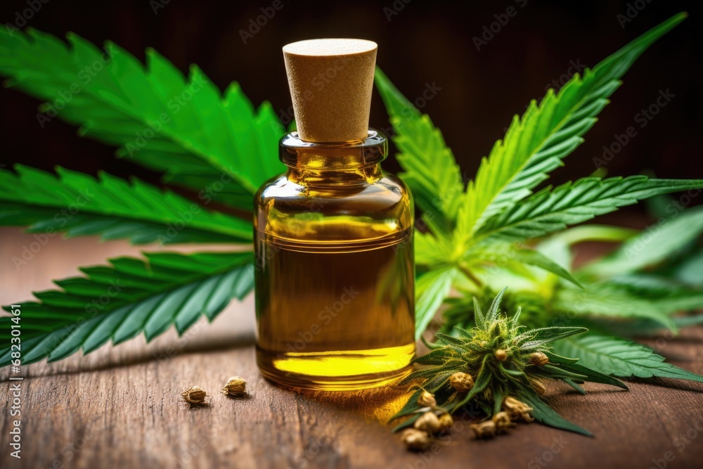 cannabis oil in a dropper bottle with hemp leaves in the background cannabis oil in a dropper bottle with hemp leaves in the background