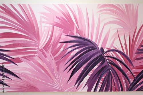  a painting of a palm tree with pink and purple leaves in front of a white wall with a pink and purple painting of a palm tree in front of it.