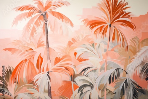  a painting of a palm tree on a wall with a palm tree in the foreground and a palm tree on the far side of the wall in the background.