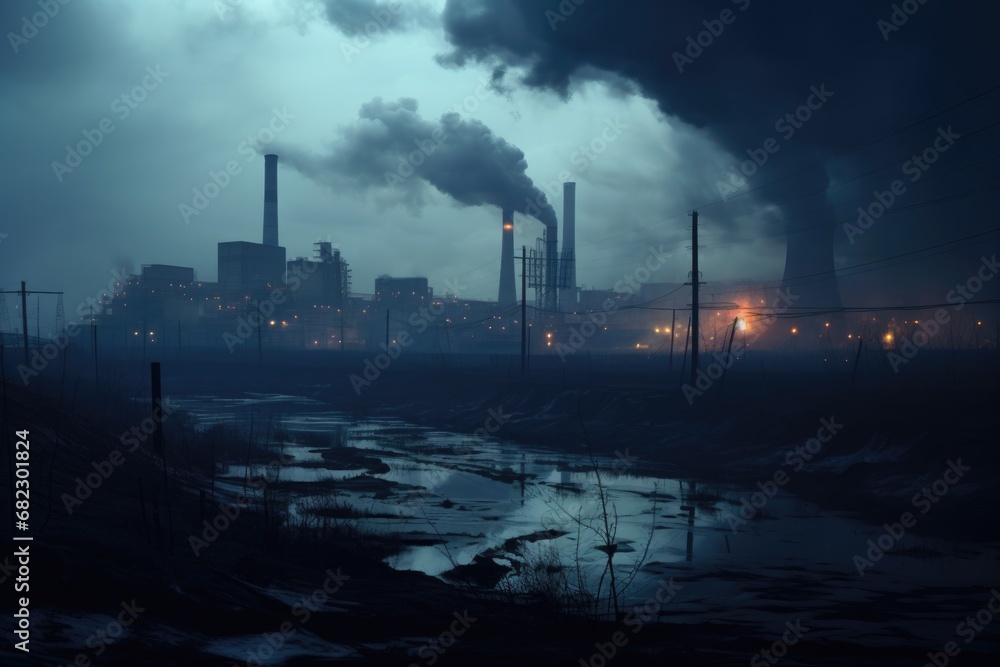 factory seen from a distance, surrounded by smog