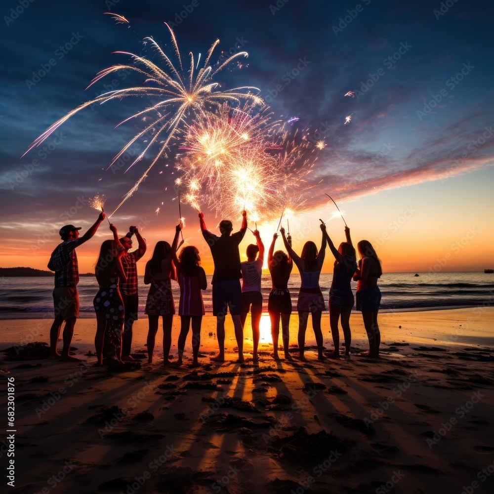 A festive image of people gathered on a beach with sparklers - obrazy, fototapety, plakaty 