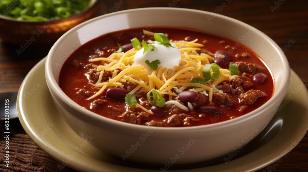 A spicy and flavorful chili soup with tender chunks of beef, beans, and a sprinkle of grated cheese A spicy and flavorful chili soup with tender chunks of beef, beans, and a sprinkle of grated cheese