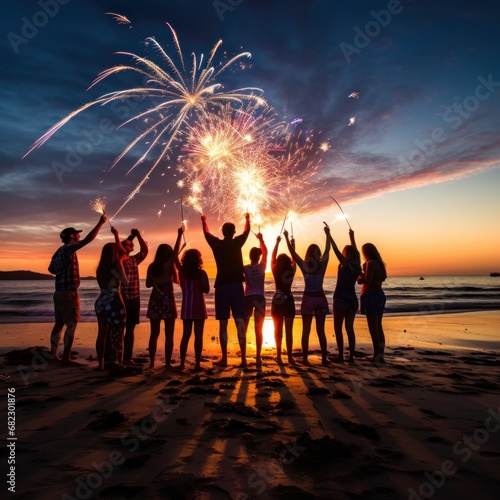 A festive image of people gathered on a beach with sparklers