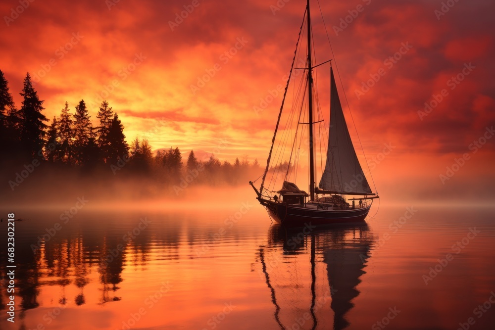  a boat floating on top of a body of water under a sky filled with clouds with a red sky behind it and trees on the other side of the water.