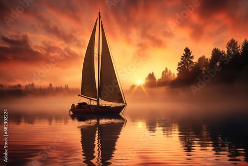  a sailboat floating on top of a body of water under a cloudy sky with the sun shining through the clouds and the trees onlooking in the foreground. photo