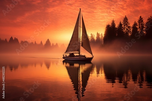  a sailboat on a lake with a red sky in the background and trees in the foreground, with the sun shining through the clouds and reflecting in the water.