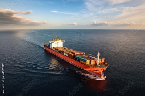 aerial view of a cargo ship sailing in the open sea