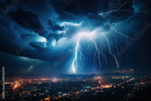 A dynamic lightning storm illuminating the night sky, revealing the raw power and beauty of atmospheric phenomena. Concept of electric storms and dramatic skies. Generative Ai.