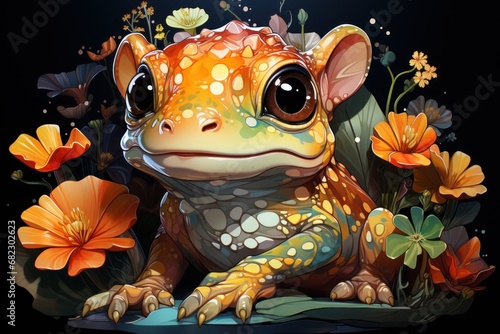  a close up of a frog sitting on a rock with flowers in the foreground and a butterfly on the far side of the frog s head  on a black background.