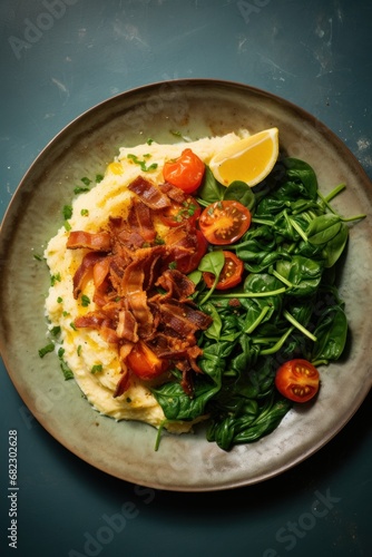 A plate of scrambled eggs with crispy bacon, roasted cherry tomatoes, and sautéed spinach