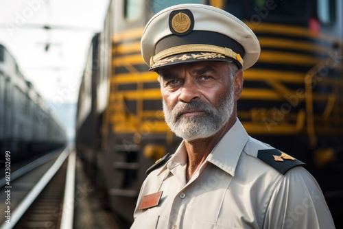 close-up of a cargo train conductor in uniform with train in background photo