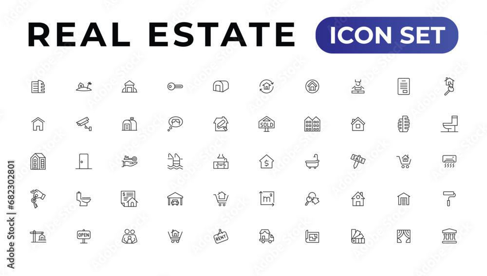 Real Estate minimal thin line web icon set. Included the icons as realty, property, mortgage, home loan and more. Outline icons collection. Real Estate minimal thin line web icon set. Included the icons as realty, property, mortgage, home loan and more. Outline icons collection.