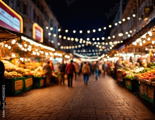 Night local market street with fruits and vegetables on bokeh background with people and light garlands in the air