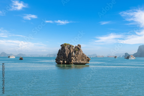 Scenery of the Kissing chicken rocks at halong bay in vietnam