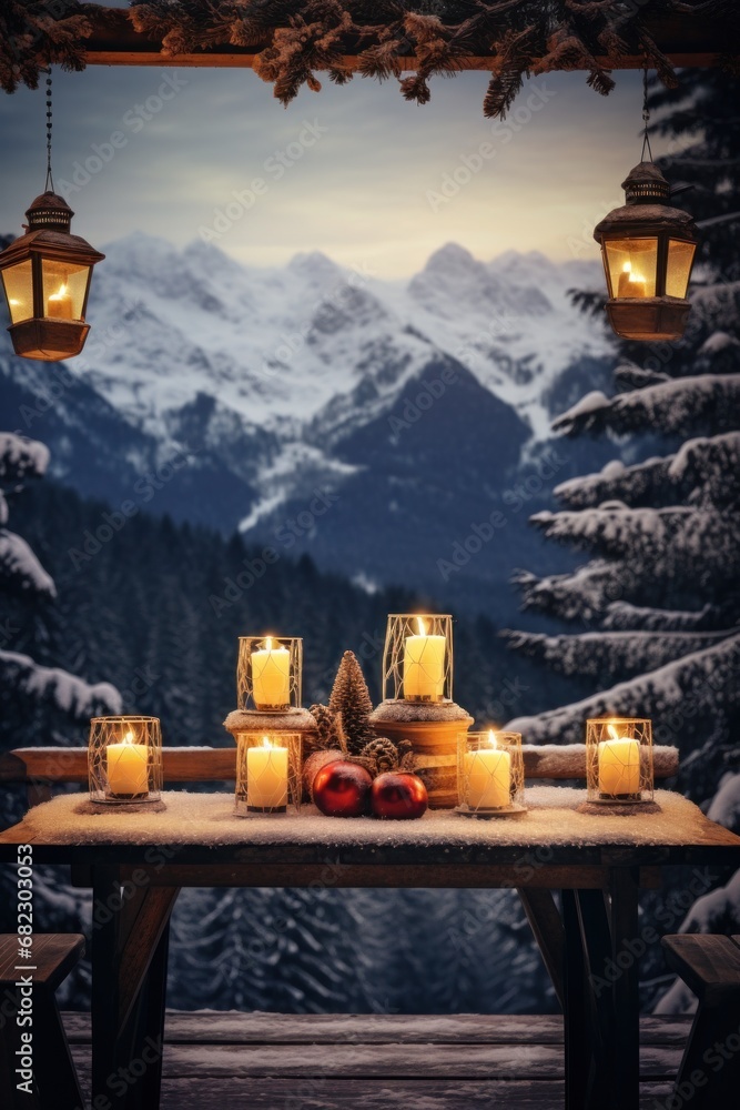 A rustic wooden table with Christmas decorations and candles