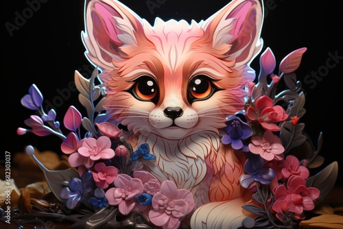  a paper cut out of a fox surrounded by flowers and leaves on a black background with a black background and a black background with a white border with a red and blue border.