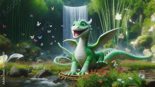 AI generated Illustration of a Friendly Dragon in a Magical Forest photo