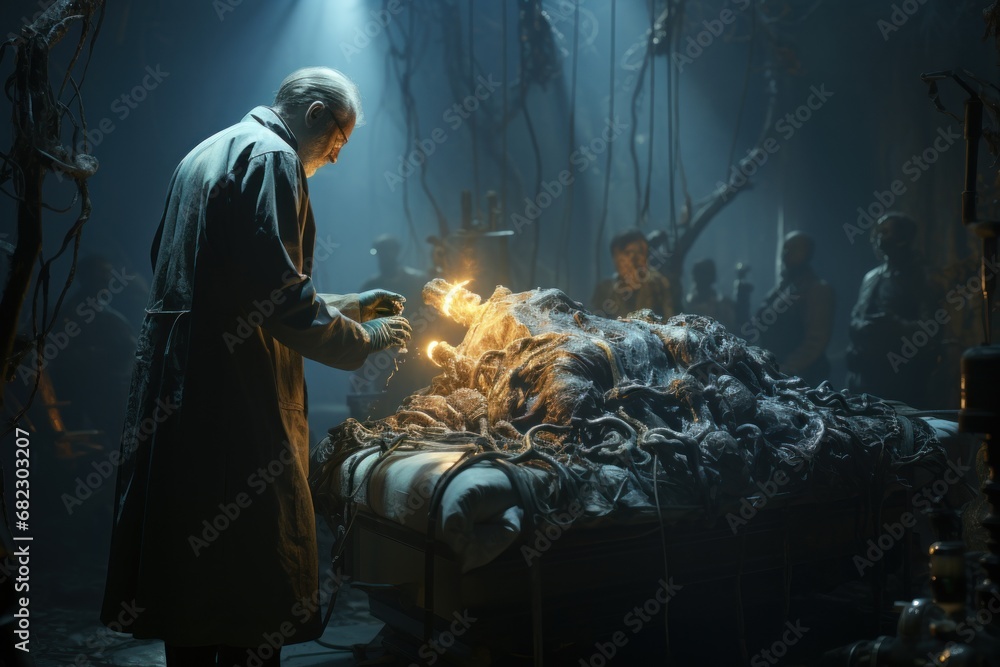 a man standing in front of a pile of dead bodies in a dark room with a flashlight in his hand and a flashlight in his other hand in his other hand. a man standing in front of a pile of dead bodies in a dark room with a flashlight in his hand and a flashlight in his other hand in his other hand.