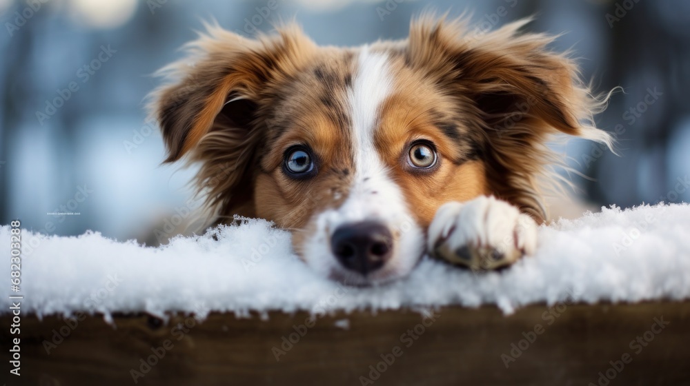 pet dog peeks out from under a cozy knit blanket, with a snowy landscape visible in the background
