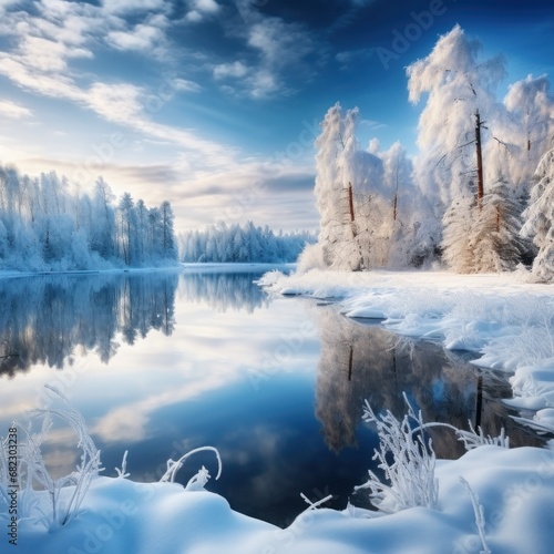 A picturesque winter landscape with snow-covered trees and a frozen lake