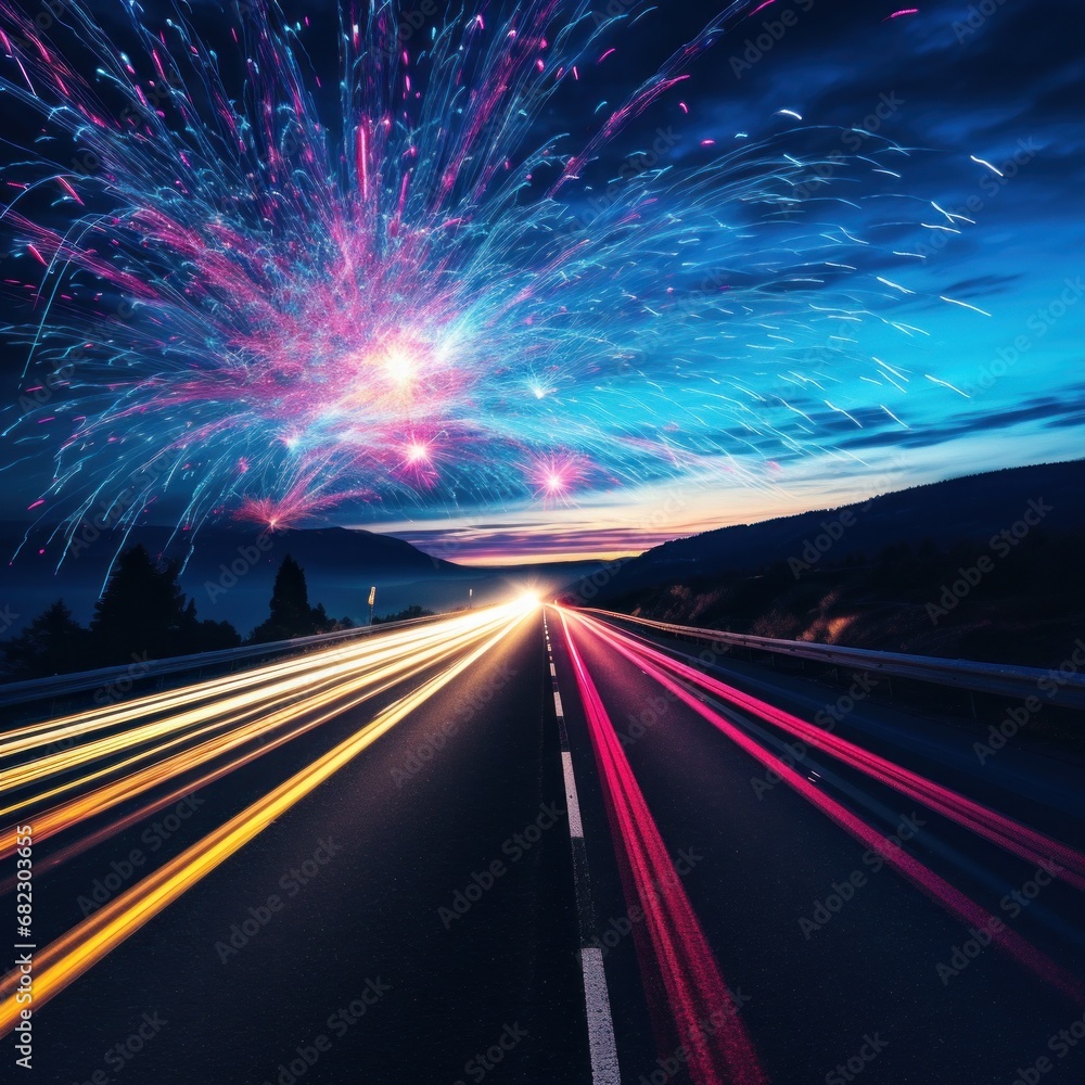 Fototapeta premium An artistic photo of fireworks with a long exposure, creating a beautiful trail of lights in the sky.