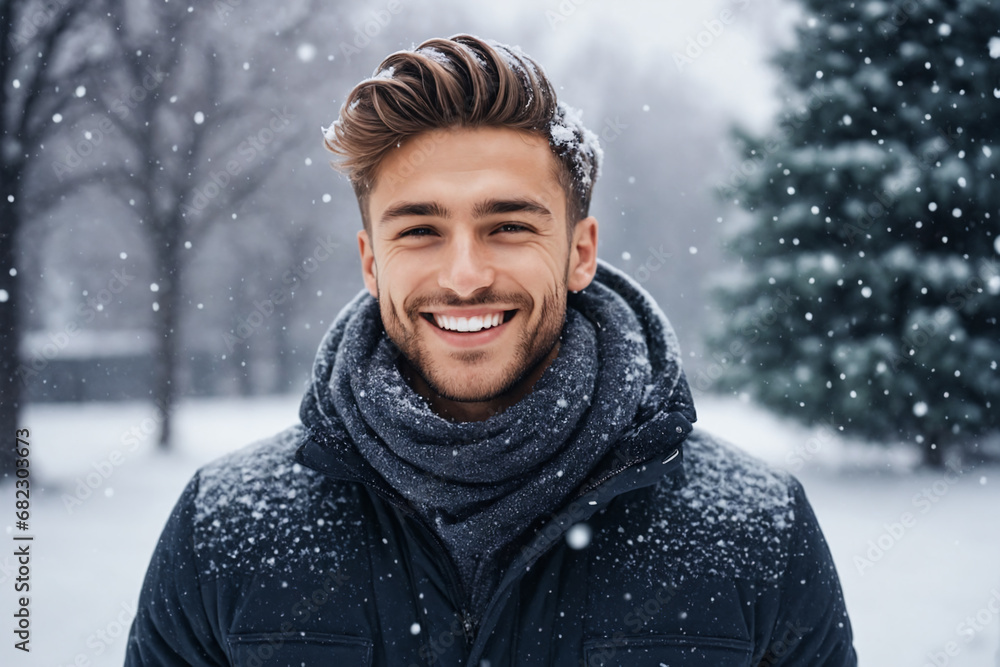 A young men standing oustide in the snow A young men standing oustide in the snow