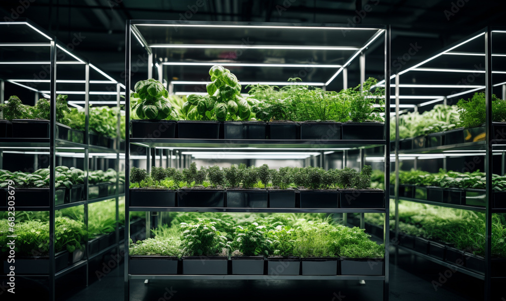 Vertical farming, growing plants in water under artificial lighting, indoors, Sustainable agriculture, food concept.