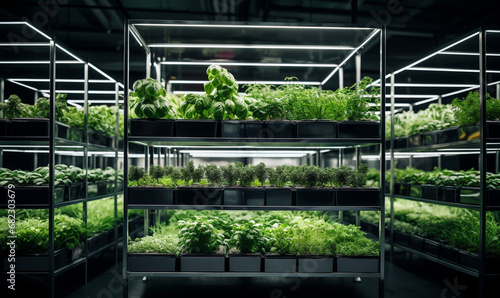 Vertical farming  growing plants in water under artificial lighting  indoors  Sustainable agriculture  food concept.